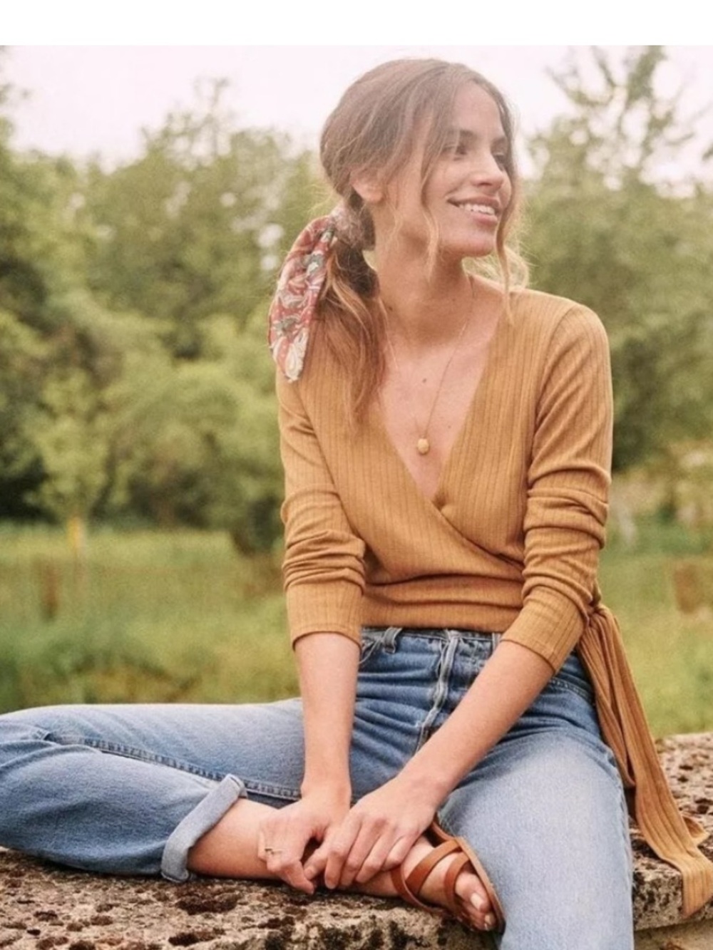 Sezane Sonia Top Pointelle Knit Long Sleeve Cropped Wrap Blouse Large